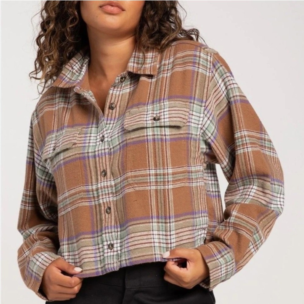 OBEY Max Womens XL Cropped Flannel Shirt Long Sleeve Brown Plaid Button Casual